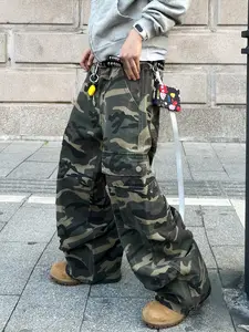 Men's Camouflage Workwear Jeans, Multi-Pocket Straight Leg Wide-Leg Pants, Street Fashion Loose Fit Long Trousers, Casual Outerwear