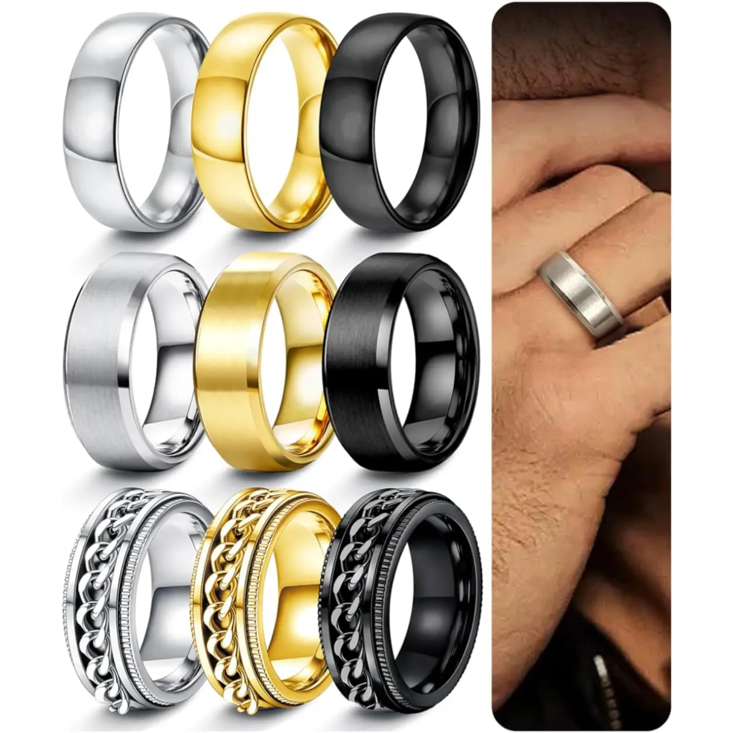 Men's 9Pcs Silver & Black Stainless Steel Rings Set - 8MM Wide Solid Bands, Promise Ring for Casual Daily Wear, Size 7.5