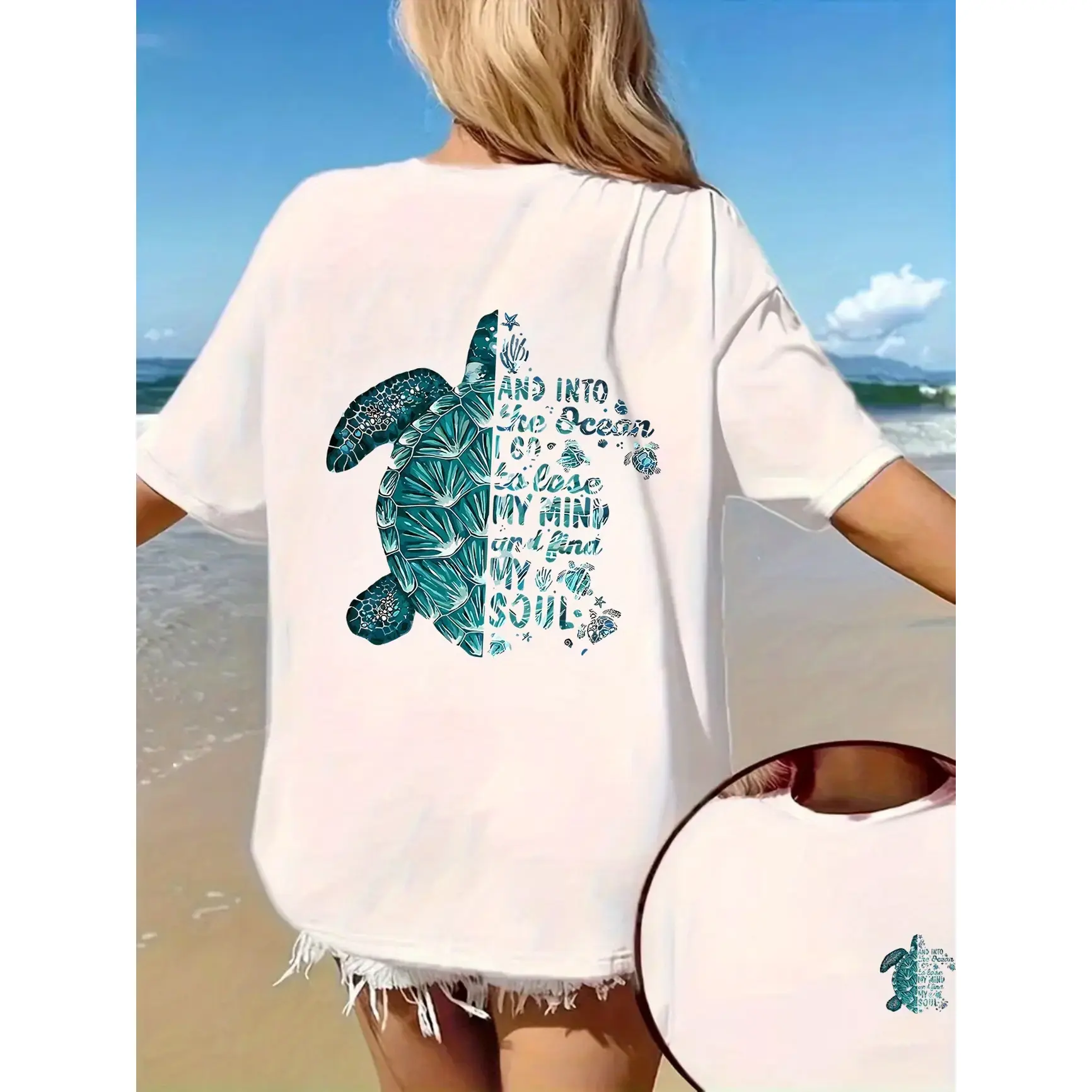 Boho Sea Turtle Ocean Quote Graphic T‑Shirt, Ocean Wildlife Printed Craft Tee, Comfort Loose Short Sleeve Top, Fashion Oversized Casual Outfit For Women Girls, Beach Nature Lover Aesthetic Tee, Back Print Design, Ideal for Seaside Vacation Wear, Best Vale