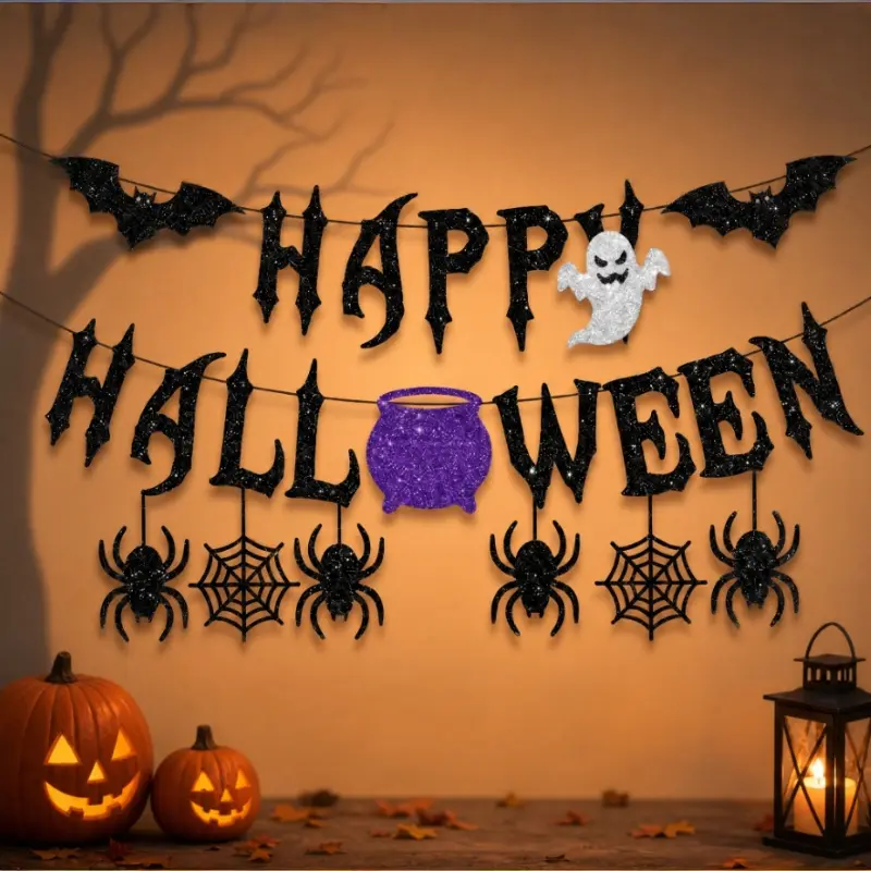 Halloween banner, ghost, spider, and bat themed pennant, Halloween party wall decoration