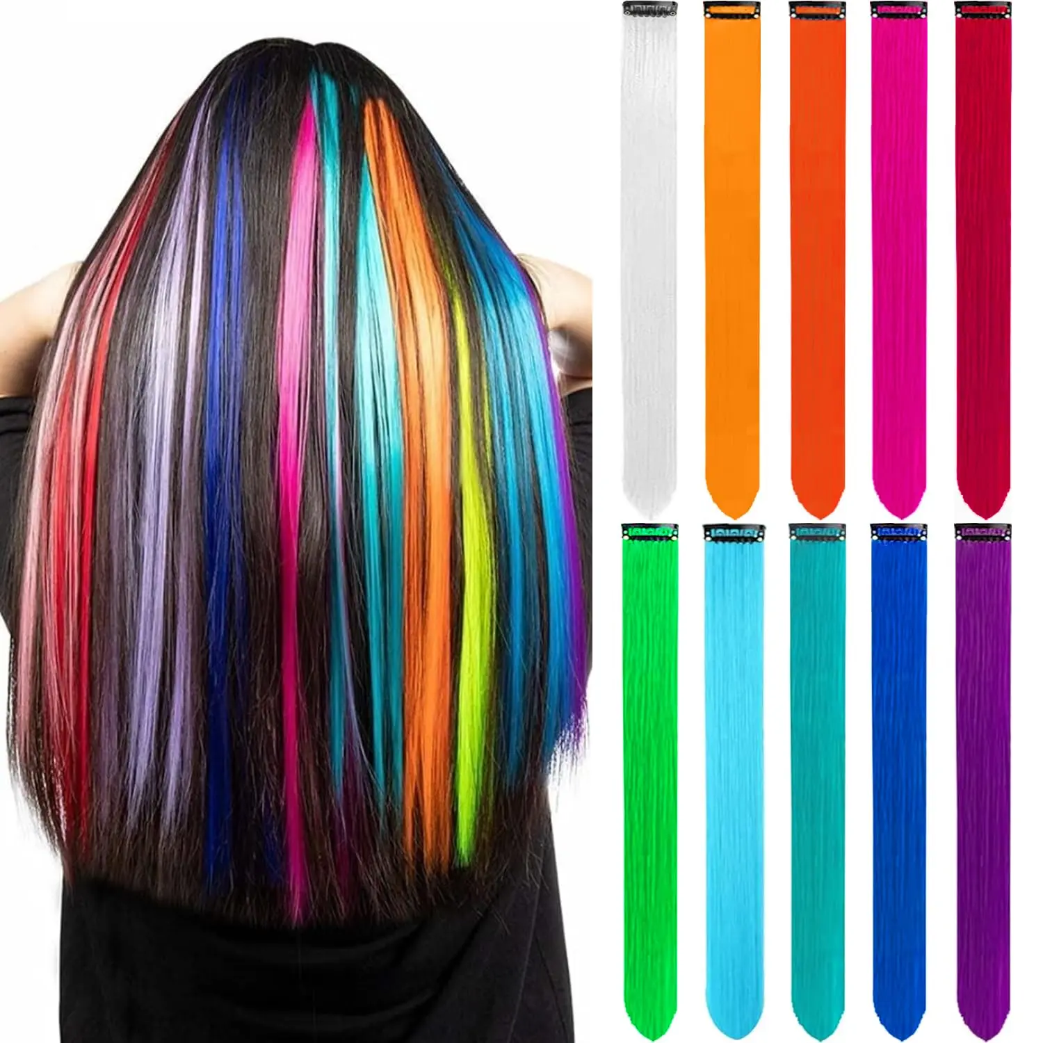 10 count Colored Hair Extensions Clip In Rainbow Hair Party Highlights | Colorful Hair Accessories Long Straight Synthetic Hairpieces for Girls Women    22 Inch