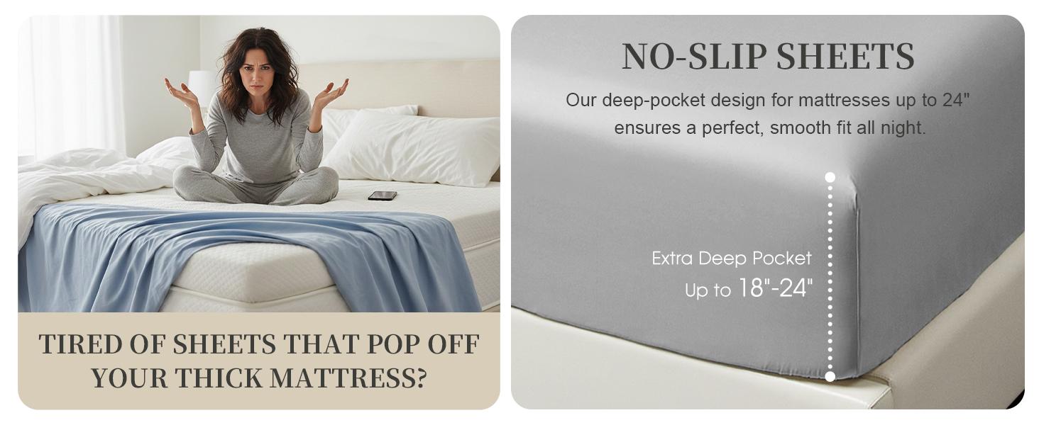 Cooling Sheets Queen – Rayon Derived from Bamboo, Silk Soft & Breathable, Luxury Sheet Set, Deep Queen Sheets Fits 18"–24" Thick Mattress - Light Grey