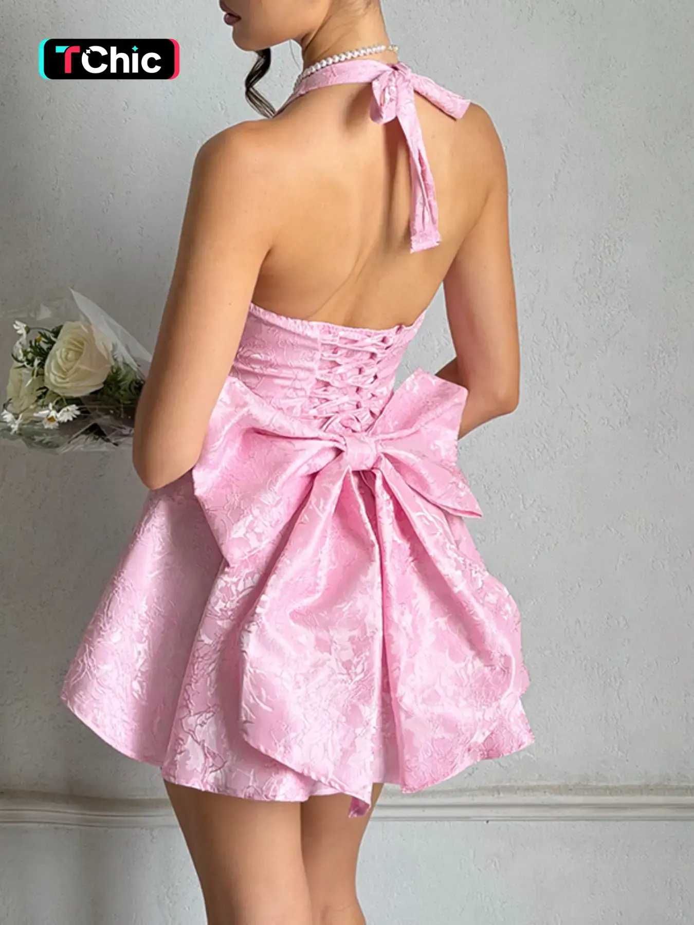 Elegant Sexy Cute Aesthetics Jacquard Knit Halter Neck Butterfly Knot Womenswear Dress, Slim-Fitting Summer Fashion, Thin Fabric, Perfect for Parties & Events