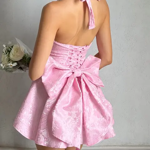 Elegant Sexy Cute Jacquard Halter Neck Knot Dress, Slim-Fitting Summer Dress, Thin Fabric, Perfect for Parties and Events, Elegance