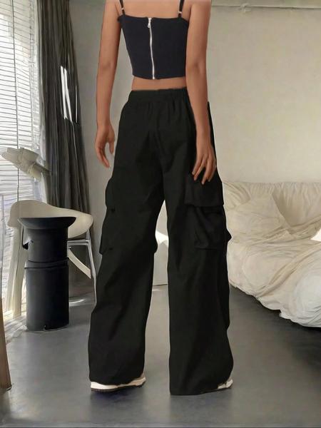 High Waist Drawstring Comfortable Wide Leg Cargo Pants, Casual Sporty Trousers, Elastic Cuffs and Fold over Pockets for Casual Street Style