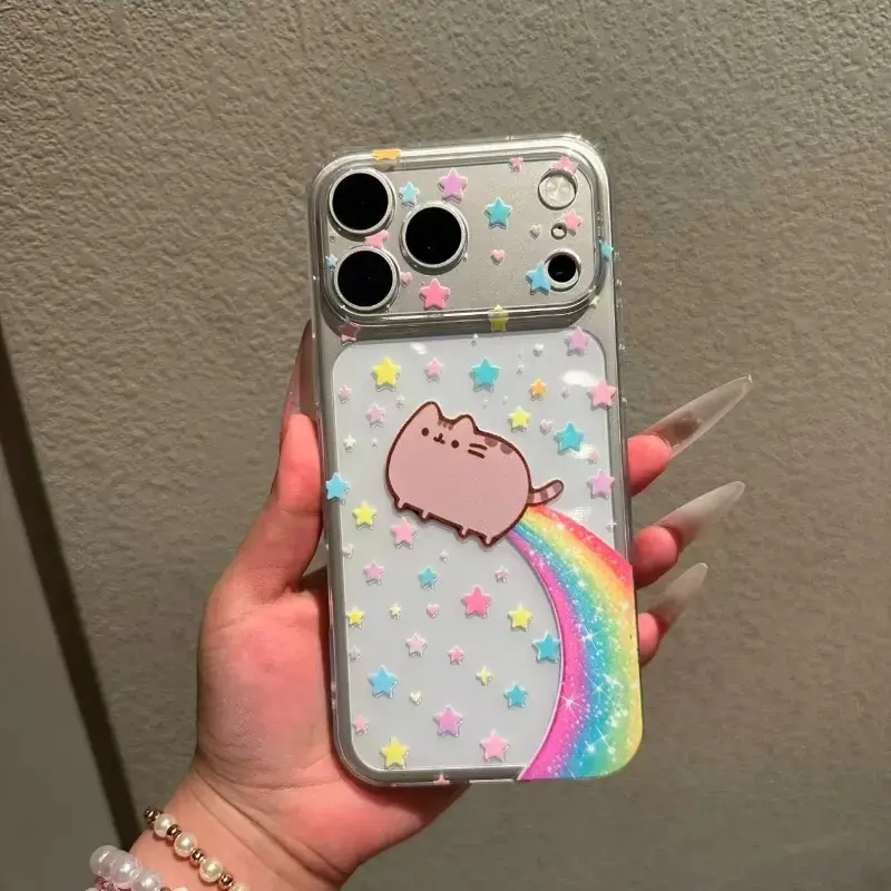 Pusheen Rainbow Trail Shockproof Phone Cover - Flying Cat, Pastel Glitter Stars Graphic, Cute Kawaii Pastel Aesthetic, Transparent Crystal Protection for iPhone 18 Pro Max,17 Air,16,15 Plus,14,13,12,11 & Samsung Devices, Ideal Gift for Women