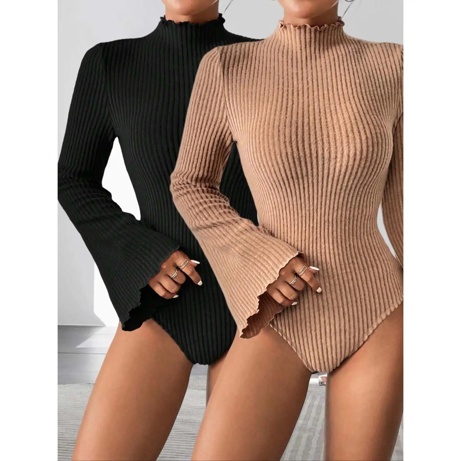 Women's Solid Mock Neck Ribbed Bodysuit, Casual Fashion Long Sleeve Bodysuit for Spring & Fall, Women's Clothes for Daily Wear
