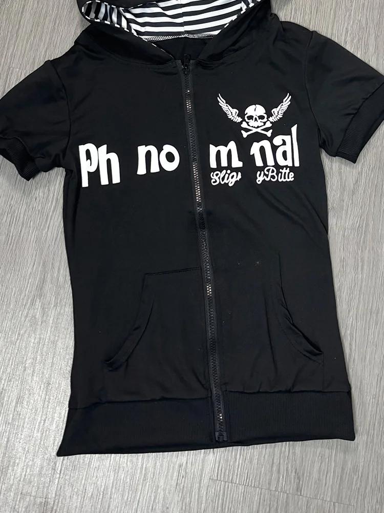 Y2K Subculture Skull Print Zip Cardigan Short Sleeve Women Japan Slim Fit Striped Hoodie Casual Tops Fashion Streetwear Clothes