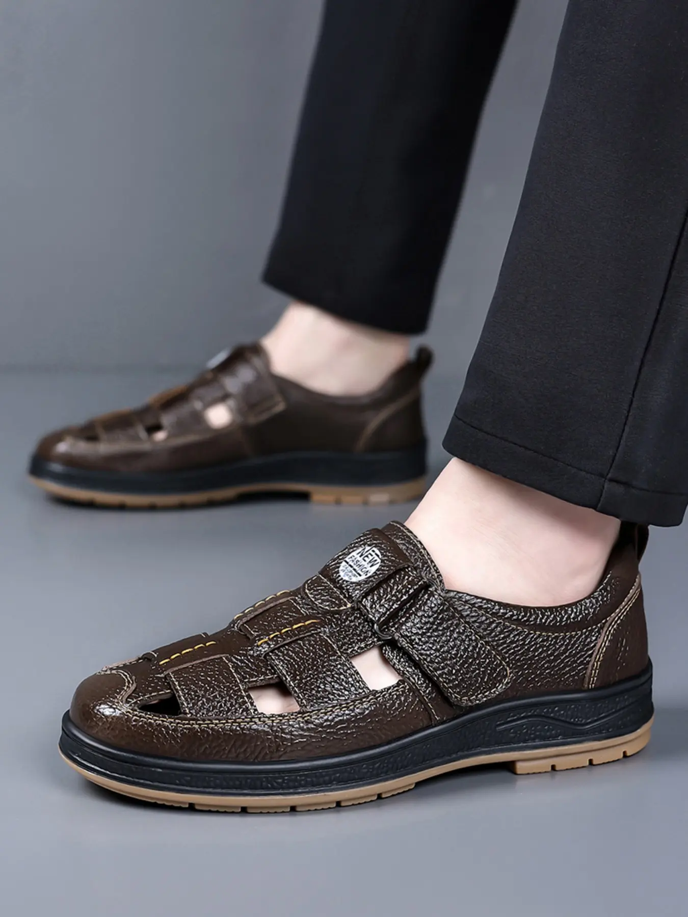 Adjustable Velcro Sandals, PU Leather Upper, Rubber Sole, Above Ankle, Casual Style, All Seasons, Non-Slip, Rain-Proof