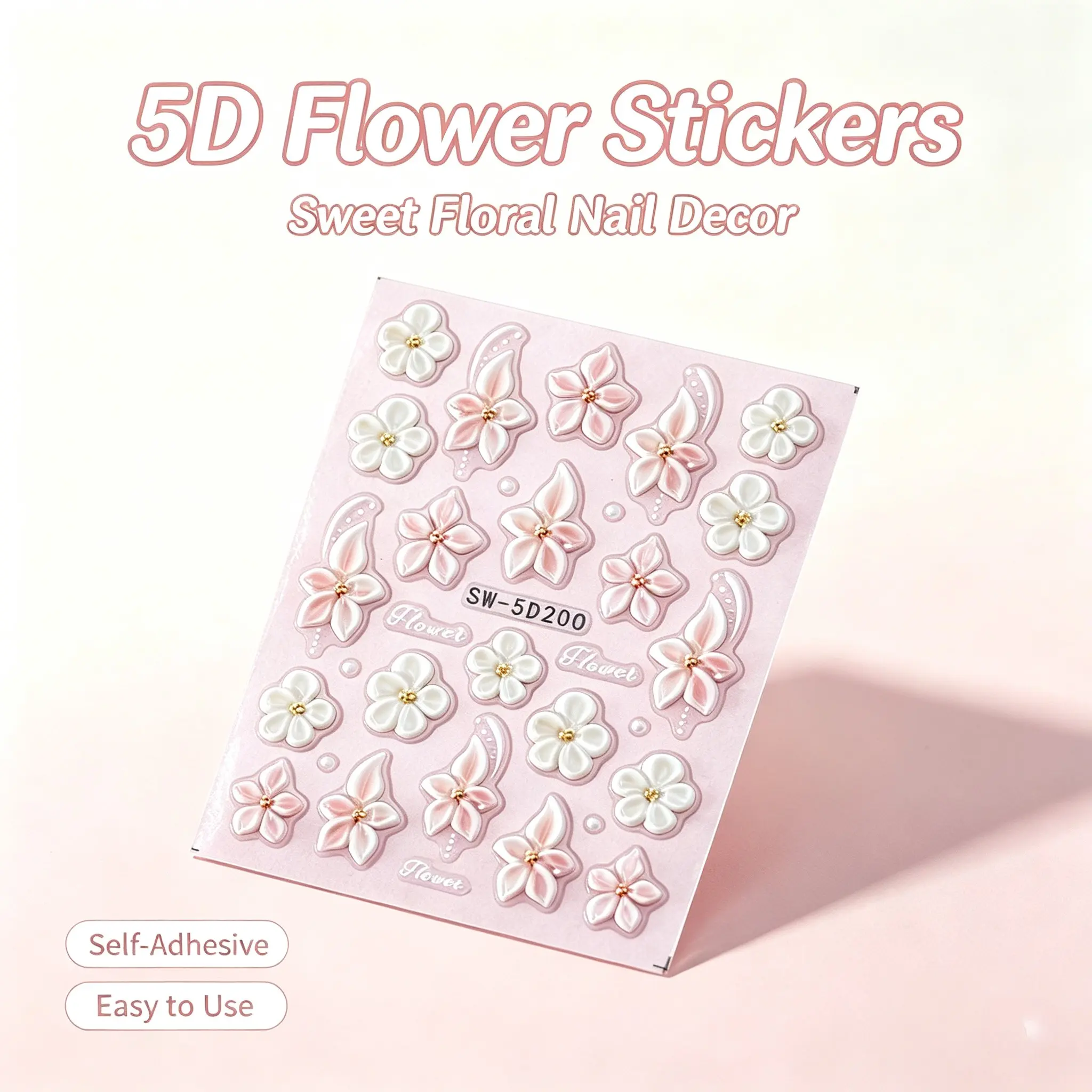 1pc 5D Embossed Floral Nail Art Stickers, White & Pink Hibiscus Pattern, Self-Adhesive Nail Decals Suitable for Spring And Summer Manicure Nails
