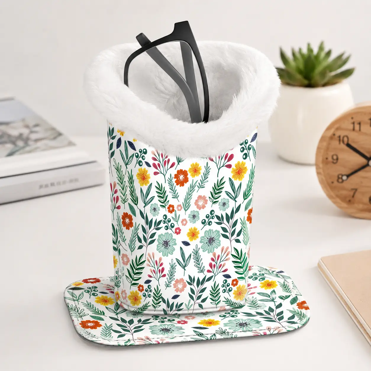Soft Plush Lined Floral Glasses Holder Stand with Matching Mat, Anti-Scratch Eyeglasses Storage Cup, Decorative Floral Print Spectacle Organizer for Bedroom Nightstand, Office Desk & Vanity