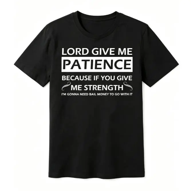 Women's Round Neck Short-Sleeve Graphic Print T-Shirt - Lord Give Me Patience Humorous Religious Sarcasm Quote, Unisex 100% Pure Cotton Soft Breathable Loose Fit Casual Top for Summer Vacation