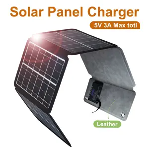 LEAORLD 15W Solar Panel Charger, Screen Display, Leather, Portable Lightweight Solar Panel Phone Charger, Camping, Hiking, Backpacking
