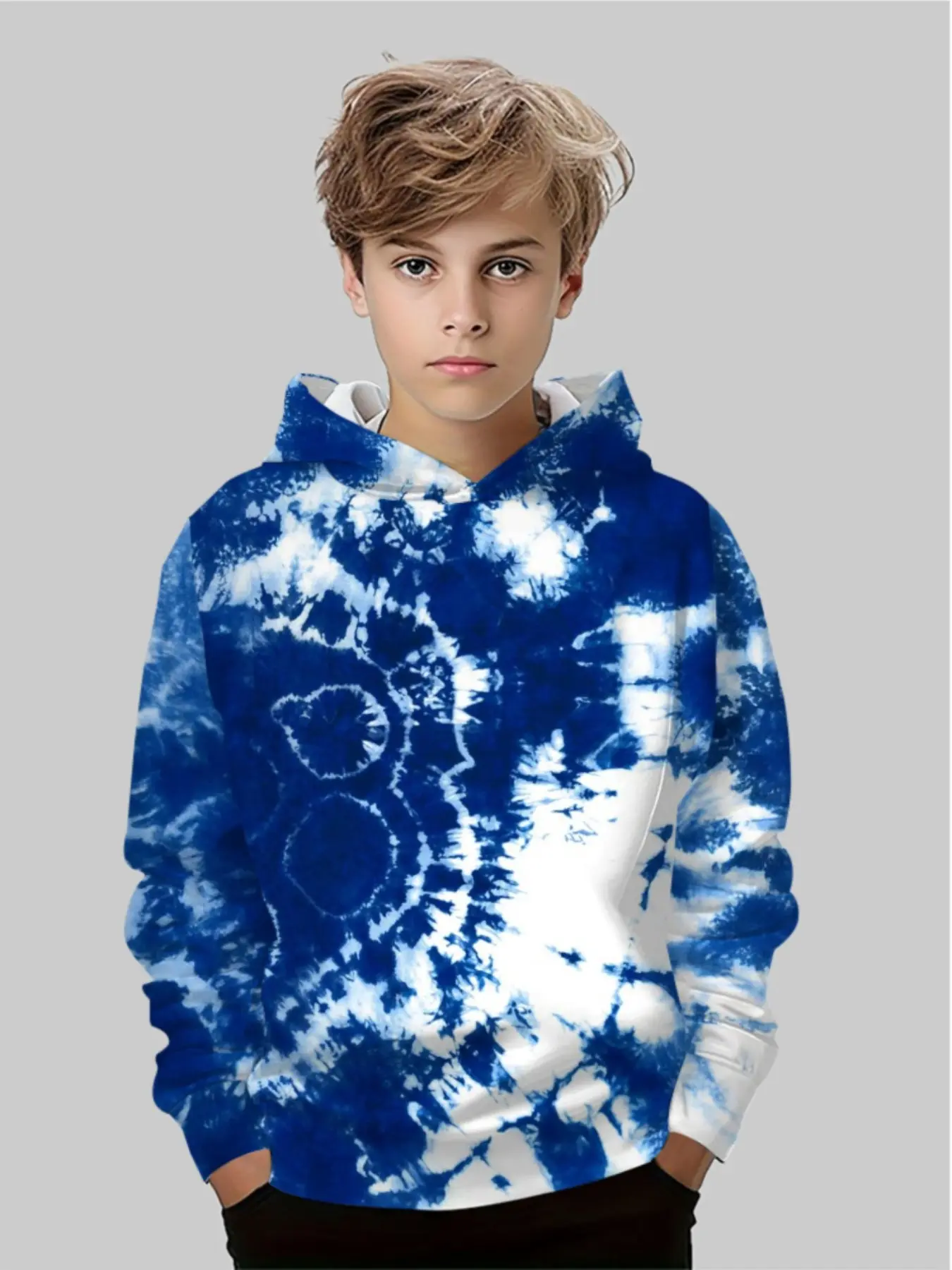 Blue Tie Dye Hoodie for Boys, Casual Long Sleeve Sweatshirt, Trendy Street Style, Spring & Fall Fashion, Loose Fit Graphic Print