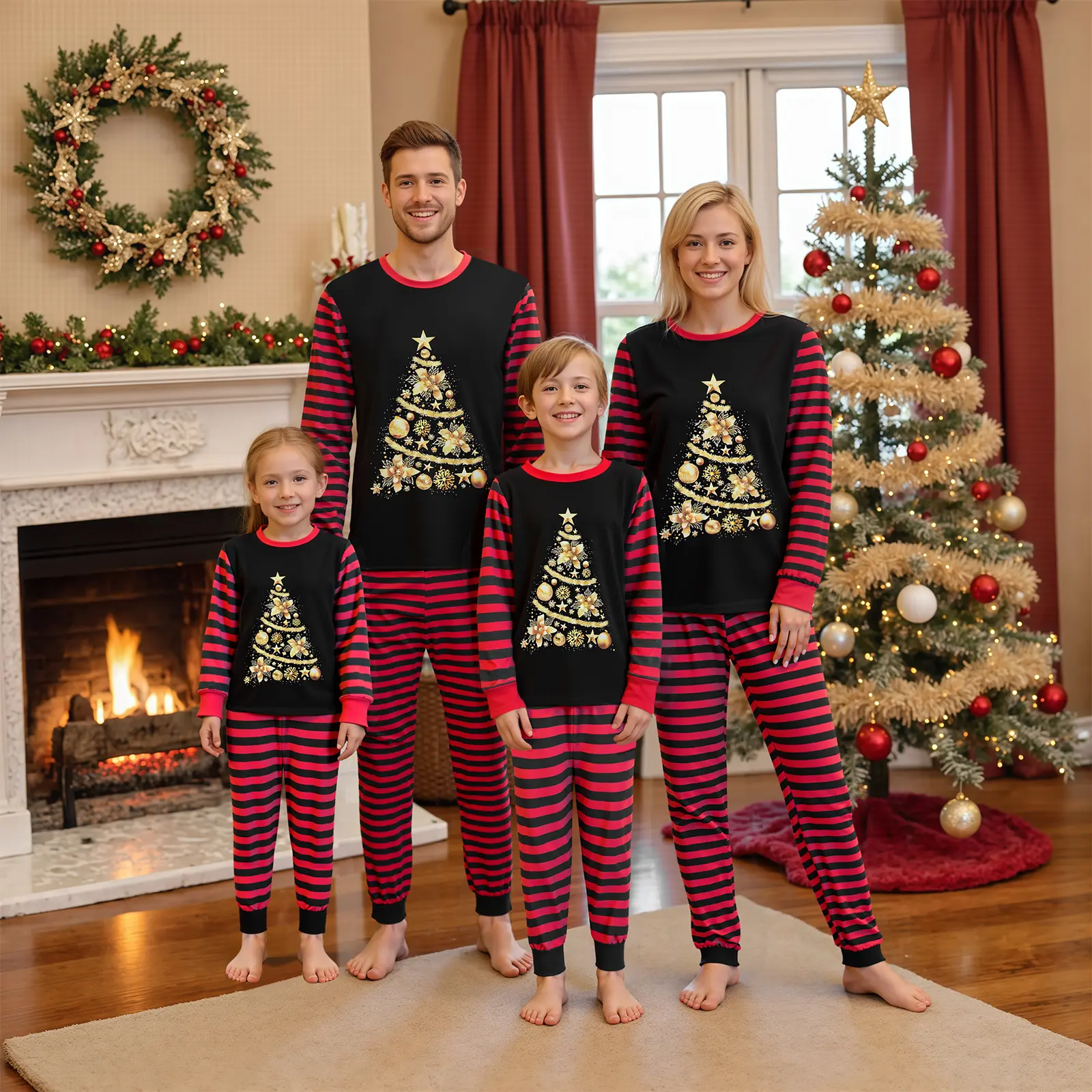 Family Matching Christmas Pajamas Set Tree Stripe Print Holiday Pajamas Sleepwear Dad Mom Kids PJs