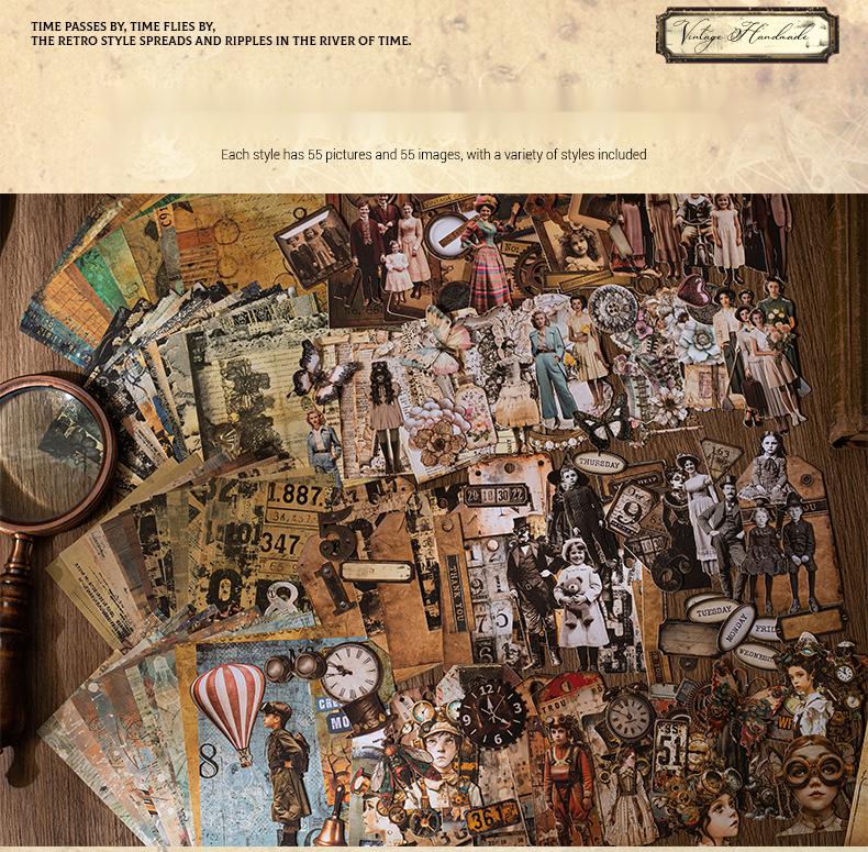 220 sheets/set, retro material pack, character theme, hard cardboard and light paper materials, creative DIY materials, handbooks and handmade materials.