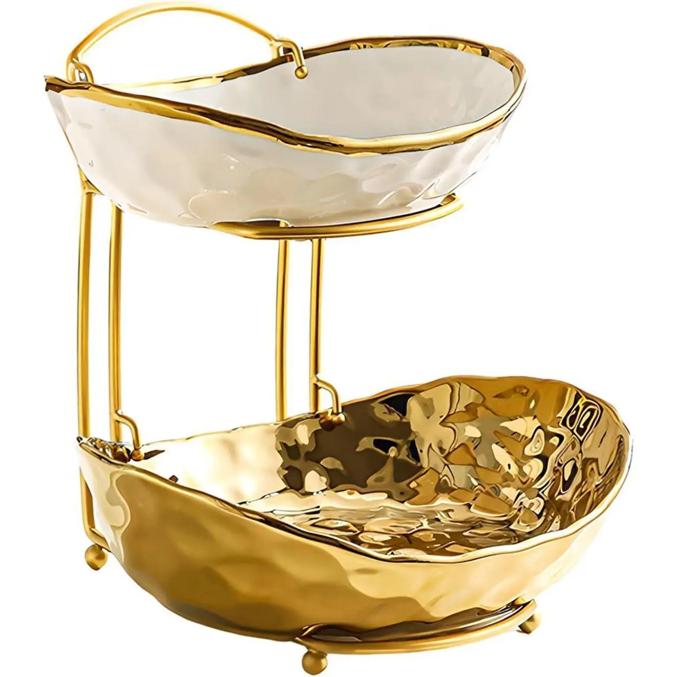 2 Tier/ 3 Tier Fruit Bowl with Metal Stand for Kitchen Counter, Ceramic Gold Silver, Portable Tiered Fruit Basket Fruit Rack for Nuts, Snacks, Bread, Candy Storage (Gold, 2 Tier)