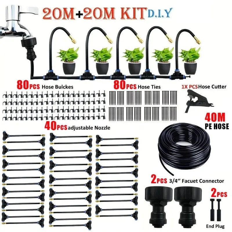 40m/131.23ft Do-It-Yourself Universal Spray Kit for Watering Plants in Greenhouses And Gardens, Ideal for Misting And Cooling Patios
