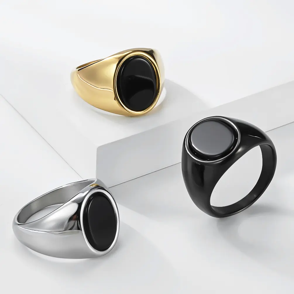 Men's Minimalist Titanium Steel Black Onyx Geometric Band Rings - Artistic Look, Cold Wind Statement Wear, Premium Finger Jewelry