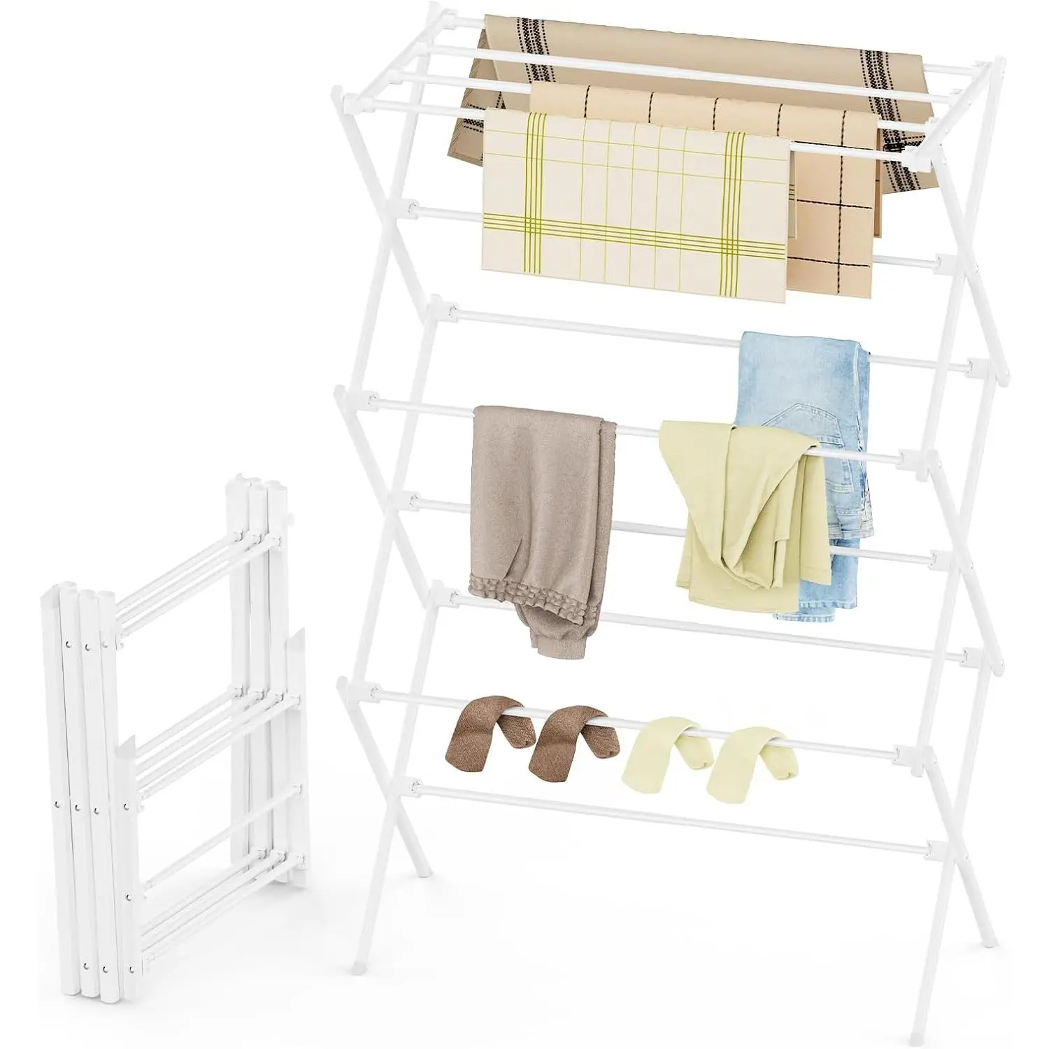 3-Tier Foldable Clothes Drying Rack, Antirust Laundry Rack Collapsible for Indoor & Outdoor, White, 34.6"W x 35.4"H x 11.8"D