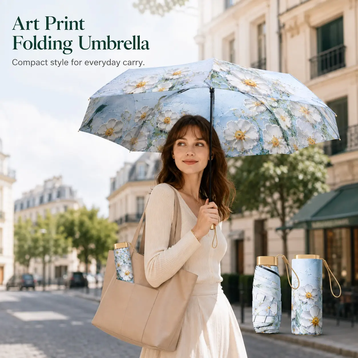 Portable Folding Umbrella, Artistic Floral Print, Compact Design with Matching Umbrella Sleeve for Travel, Commuting and Daily Use