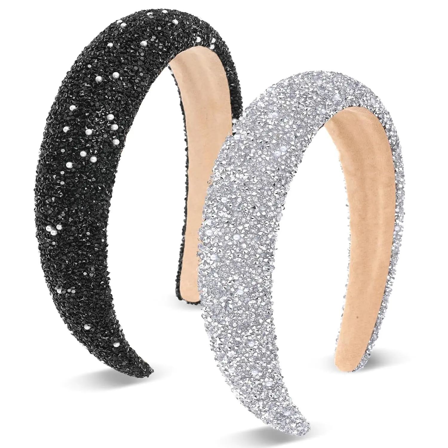 Women's 2PCS Thick Padded Rhinestone Headbands - Glitter Pearl Crystal Bling Hair Accessories for Female Glamorous Hairstyling, Bling Crystal