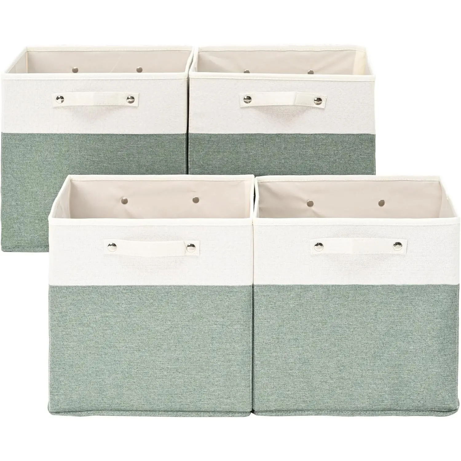 FinishingBo 13x13x13 Storage Cube Bins 4 Pack, Cube Shelf Baskets | Foldable Storage Cubes, Linen Storage Bins with Handles, Closet Organizers, White/Green