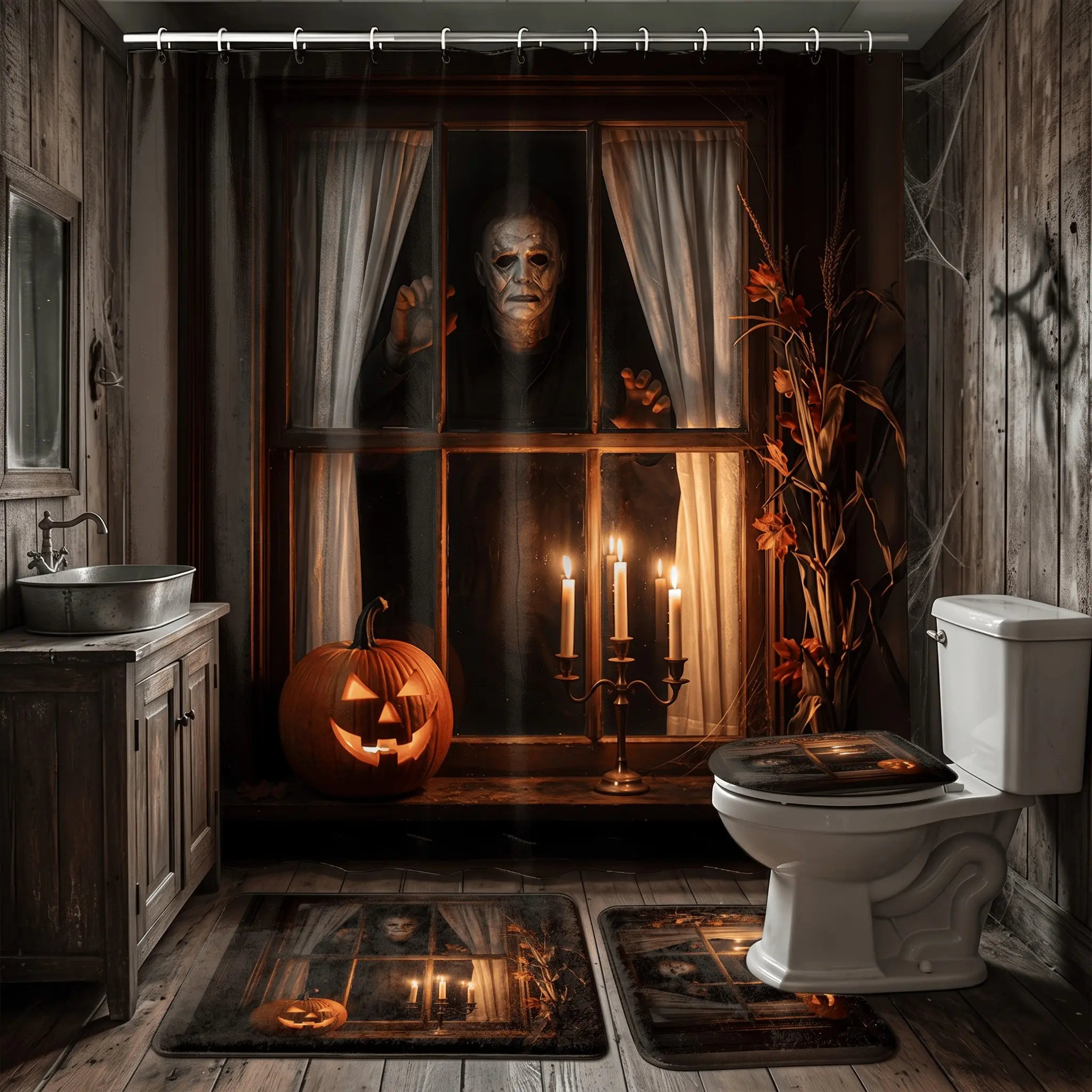 4pcs Halloween Horror Shower Curtain Set, Mysterious Masked Killer at Window Glowing Pumpkin Bath Decor Set, The floor mat fabric is thicker and softer! Spooky Bath Decor for Halloween Parties