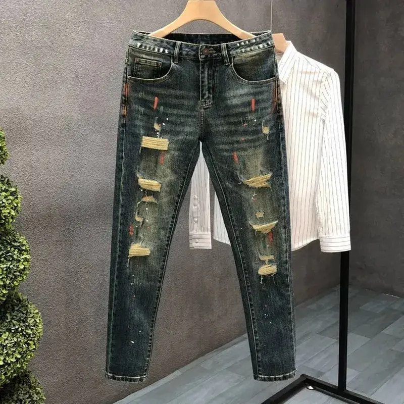 Men's Retro Asian Jeans with an Elastic Waistband, Loose Plain Straight-Leg Style for Spring & Autumn, Elastic Waistband Men's Jeans, Casual Fit Men's Jeans