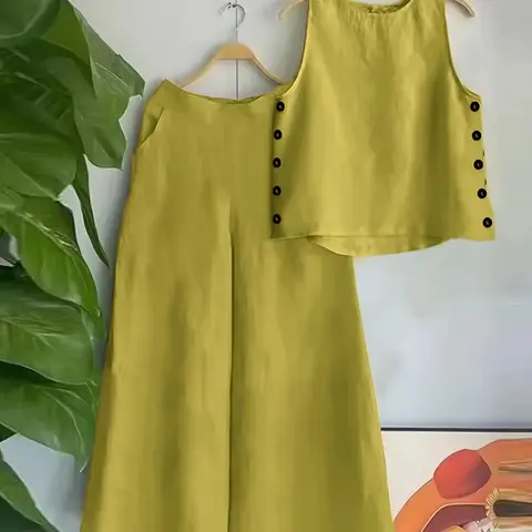 Women's Solid Tank Top & Pocket Wide Leg Pants Set, Elegant Fashion Casual Two-piece Outfits for Daily Outdoor Wear, Women Clothing for Summer