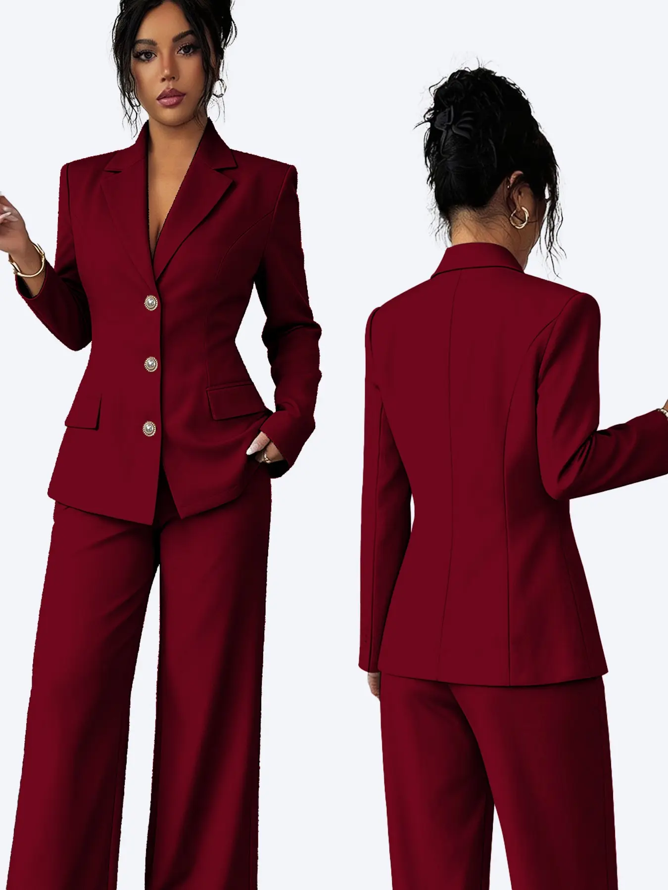 Women's Tailored Single-Breasted Blazer & Wide Leg Pants Set, Elegant Wrinkle-Resistant Professional Business for Work & Events
