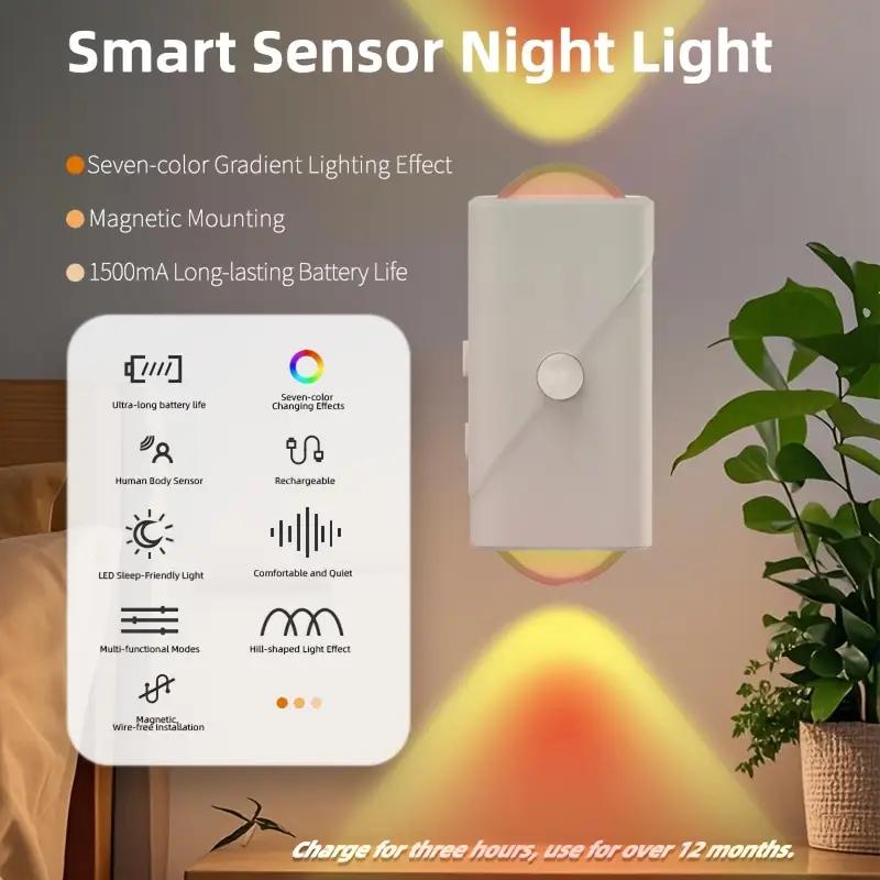 Smart LED Night Light with Motion & Light Sensors, RGB Wall Spotlight, USB Rechargeable, Magnetic Design for Bedroom, Game Room, Stairs