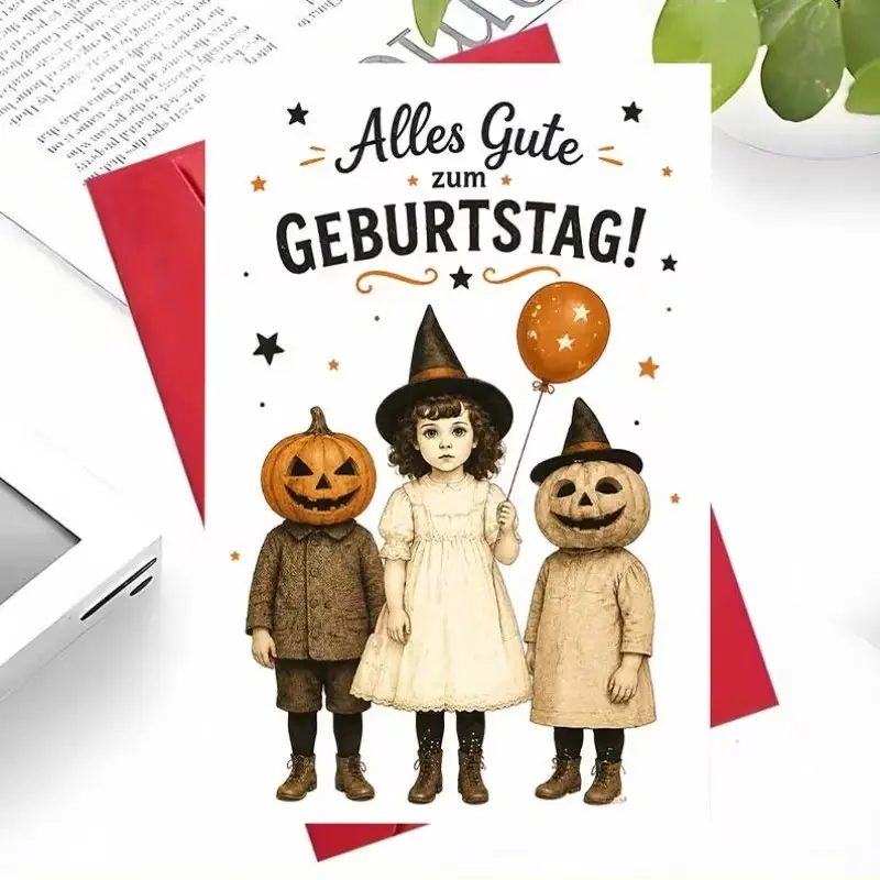 Halloween Birthday Card Set, Pumpkin Head Holding Balloon, Vintage Style, Mystery Envelope, Perfect for Friends, Happy Birthday Greetings