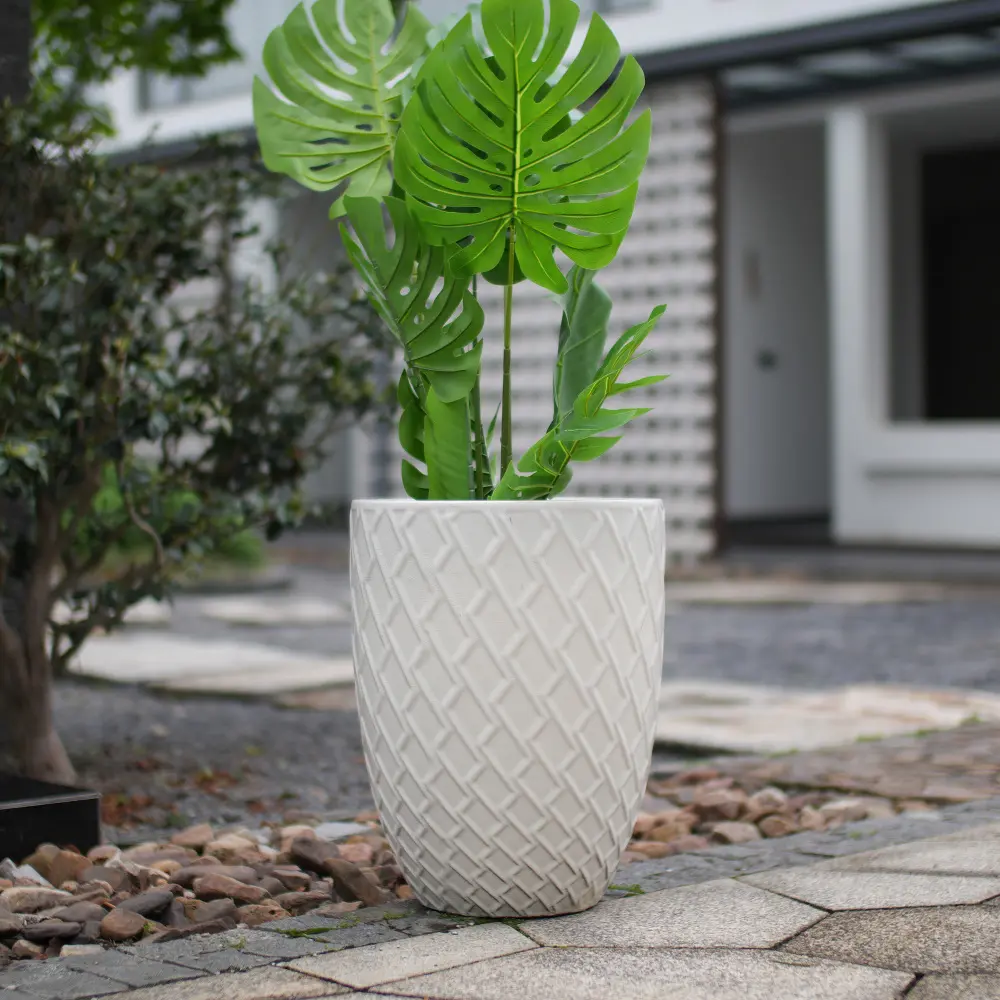 Littleox Handmade Ceramic Planter Pot, 17 Inch Diameter, 1 Piece, Cream White with Diamond Pattern, for Monstera Deliciosa and Fiddle Leaf Fig, Indoor/Outdoor Doorway Use, Breathable Clay