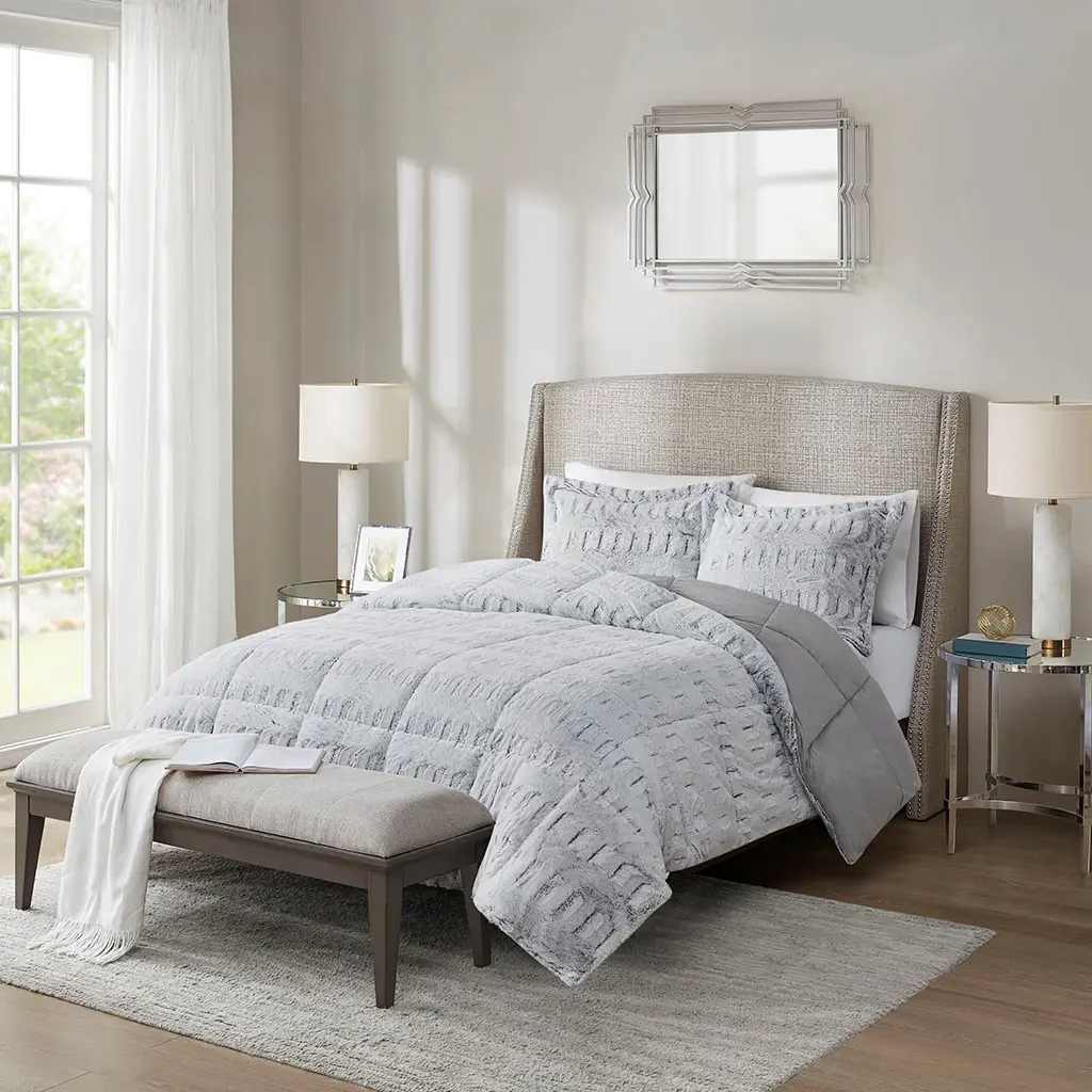 Nokaa Full/Queen Back Print long-pile plush Comforter Mini Set, Soft Brushed soft plush Bedding with Mink Reverse, Hypoallergenic Polyester Fill, Machine Washable, Oeko-Tex Certified, 1 Comforter + 2 Pillow Shams, Grey