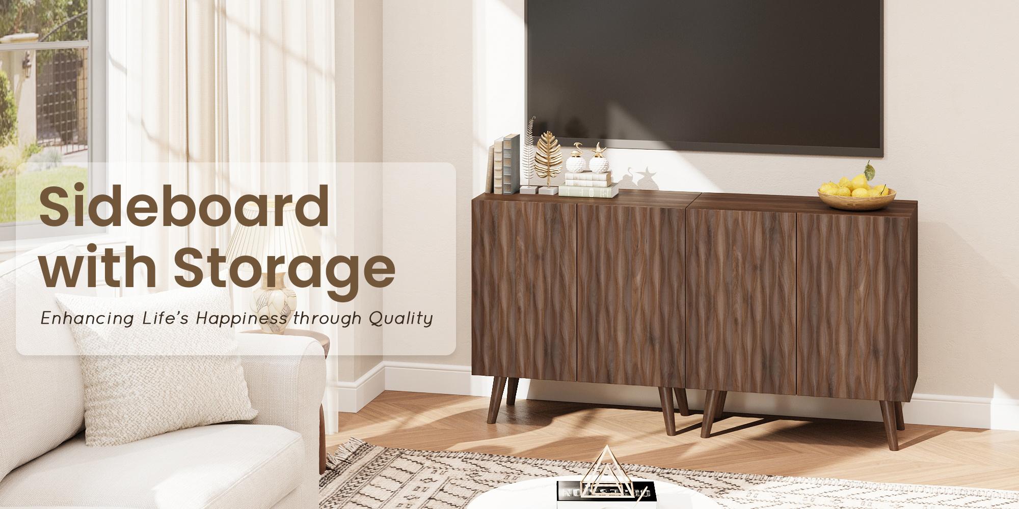 Storage Cabinet with Wavy-Pattern Doors - Two-Door Sideboard with Adjustable Shelves for Dining & Entryway