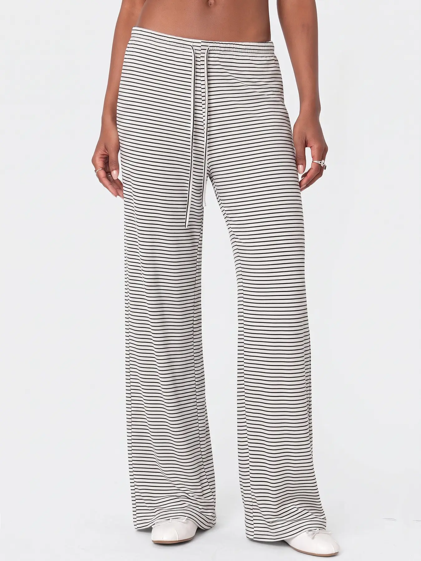Buttery Soft Stretch Draped Rib Knit Fabric Striped Loungewear/Athleisure Daily Street Wear Drawstring Elastic High Waist Slimming Lightweight Breathable Casual Travel Beach Vacation Relax Fit Ultra Comfortable Everyday Daily Fashion Outfit Flare Pants