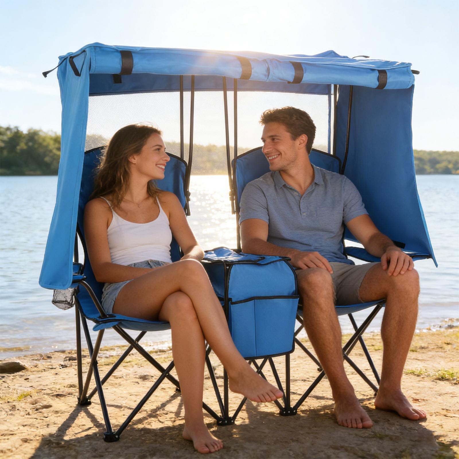 Folding Camping Two-Person Seat with Shade Canopy Portable Double Camping Chair with Cup Holder Cooler Bag Protection for Beach Fishing Camp Sports Event NEW