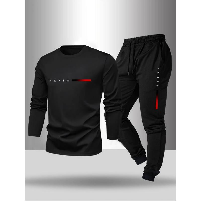 Men's Long Sleeve T-shirt and Pants Set, Spring/Autumn 2pcs set with Paris letter print round neck long sleeve T-shirt + drawstring outdoor casual sports pants set of 2 mens  fashion Clothes Fabric Activewear Polyester