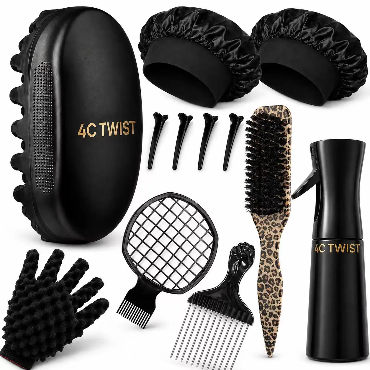 4C TWIST 12-Piece Natural Hair Styling Kit for Men with Twist Brush, Foam Glove, Fine Mist Spray Bottle, Mesh Comb, Metal Afro Pick, Leopard Detangling Brush, 2 Satin Bonnets & 4 Hair Clips for 4C Hair, Coils, Locs & Afro Styles Heatless Styling Tools