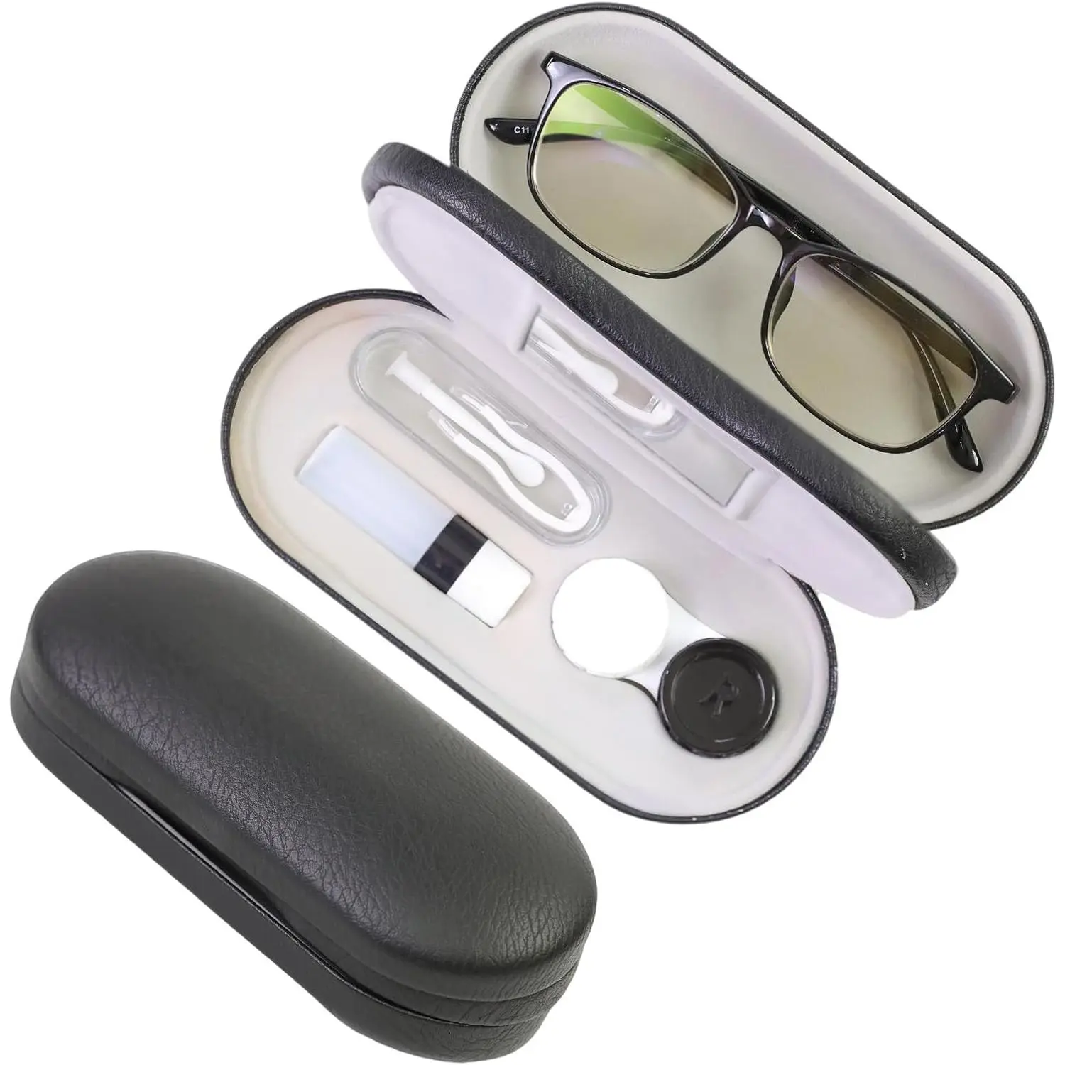 PU Leather 2-in-1 Eyewear Care Case - Contact Lens & Eyeglasses Holder, Sturdy Hard Shell, Travel Ready, Portable with Built-In Mirrors, Full Protection for Adults, Stylish Daily Use (No Excess Bulk)