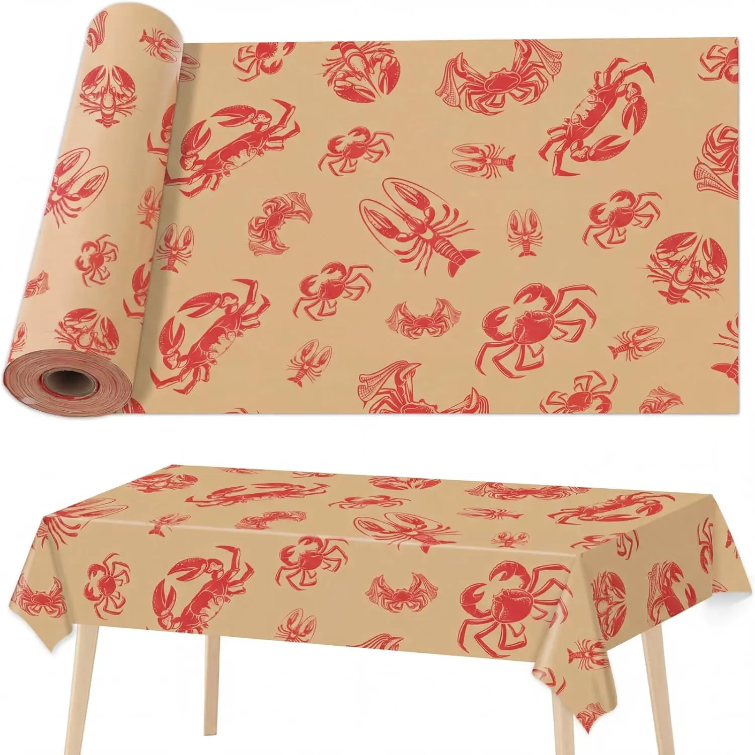Brown & Red Crawfish Print Kraft Paper Tablecloth Roll (34.65in x 98.43ft) - Rustic Home & Party Decor for Crab Boil Supplies