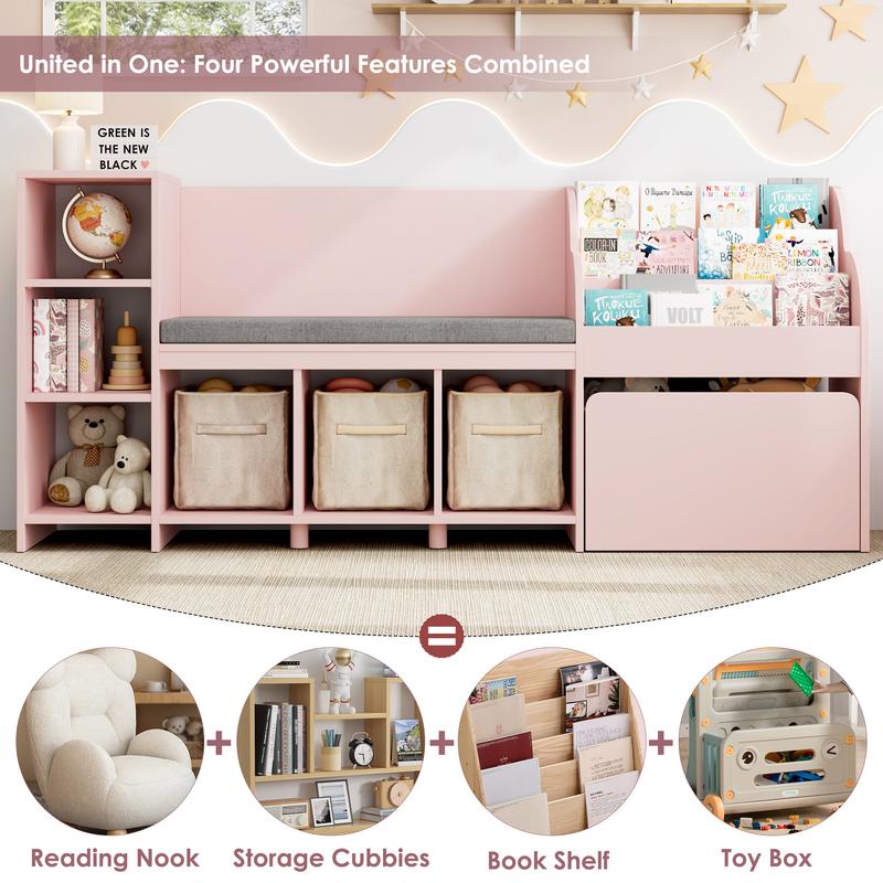 HOSTACK 67" Reading Nook with Bench Bookshelf with Seat Cushion & 6 Storage Cubbies Toy Storage Box on Wheels Furniture Organizer Organization Organizing,Black Friday,Christmas gifts HOSTACK 67" Reading Nook with Bench Bookshelf with Seat Cushion & 6 Storage Cubbies Toy Storage Box on Wheels Furniture Organizer Organization Organizing,Black Friday,Christmas gifts