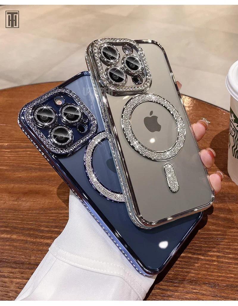 Luxury Bling Crystal Lens Film Phone Case For iPhone 15 11 12 13 14 Pro Max Plus Magsafe Magnetic Wireless Charging Clear Cover