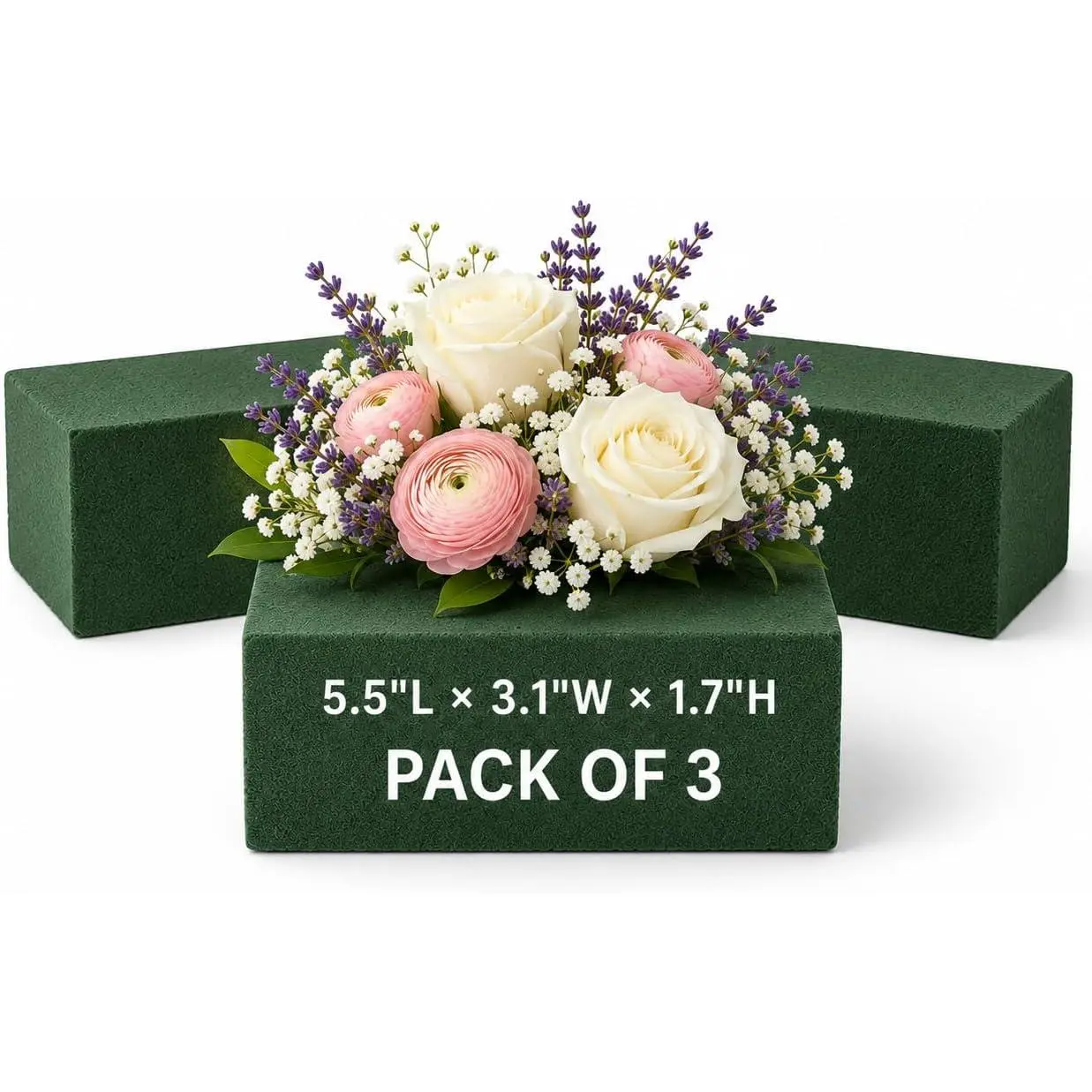 Florables Wet Floral  Blocks (5.5" L x 3.1" W x 1.7" H, Pack of 3) – Green  for Flower Arrangements, Floral  Base & Bouquet  for  , Wedding Flower Arranging Supplies