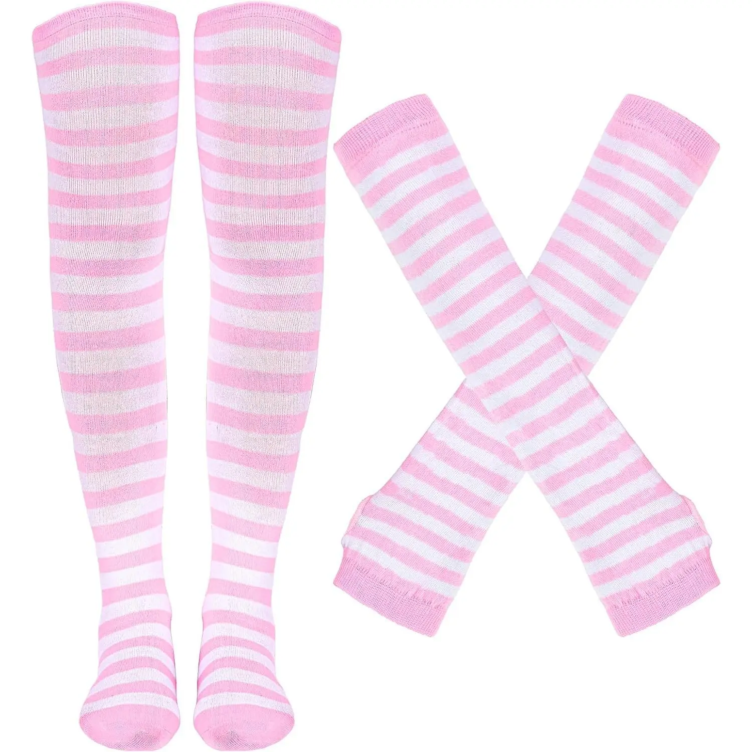 Tongcloud Female Striped Sock & Glove Set Pack - Thigh-Long, Knee-High, Over-Knee Socks, Arm Warmers, Fingerless Gloves