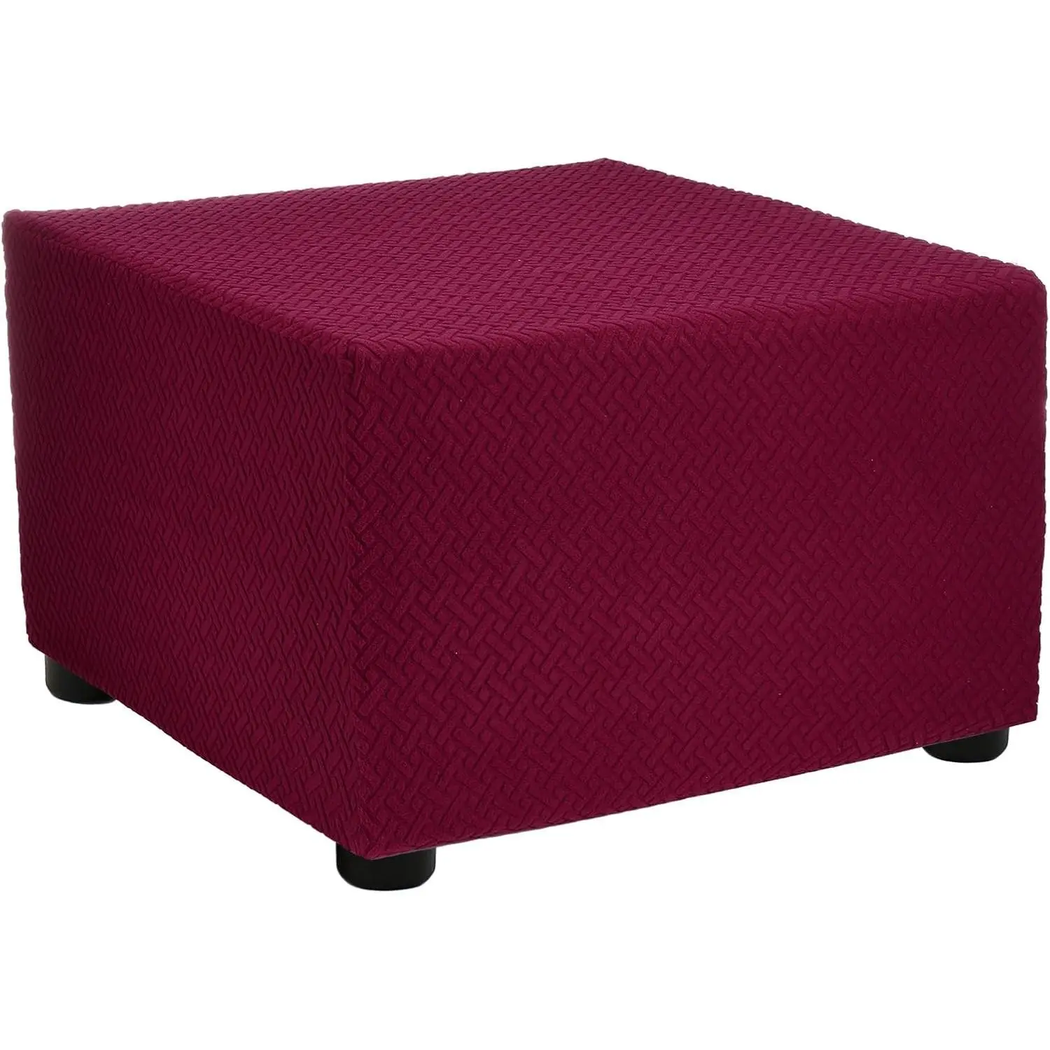 Stretch Ottoman Cover Twill Square Ottoman Slipcover with Elastic for Foot Stool Living Room Bedroom Fit Length 57-70cm / 23"-27", Medium, Wine Red