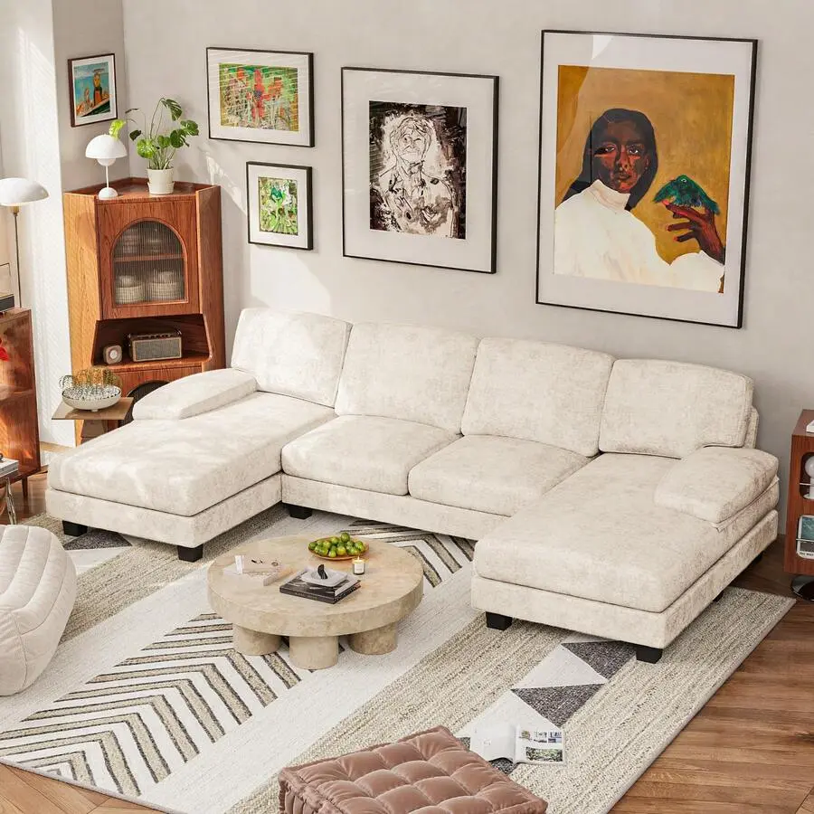 Flamaker Sectional Sofa Couches Living Room, U-Shaped Modular Sectional Sofa With Chenille, 6-Seater Sofa Comfy Couch With  Double Chaise