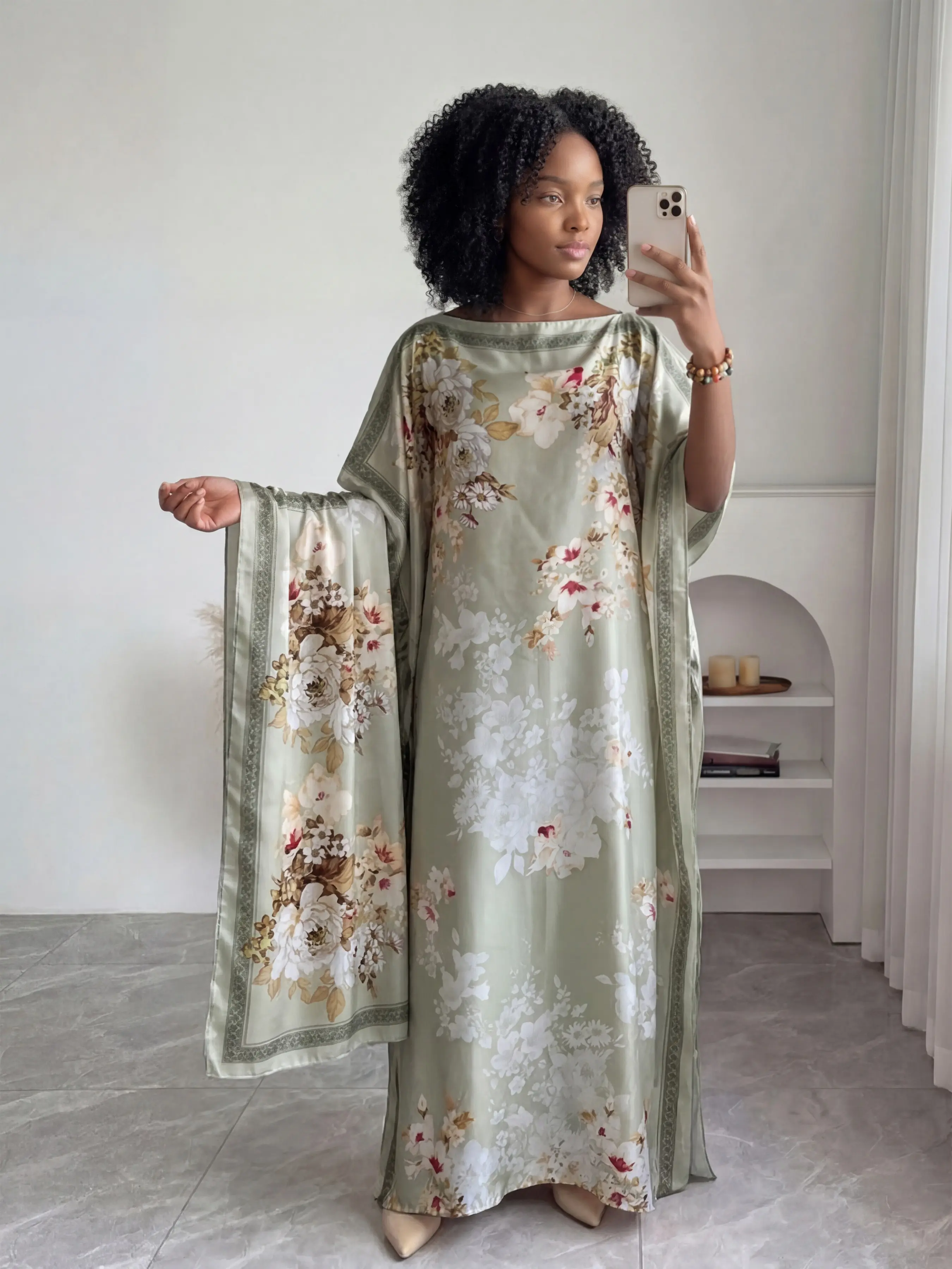 Women's Floral Print Long Robe Set, Casual Fashion Cape Dress + Headscarf, Beach Sun Protection Silk Scarf, Summer