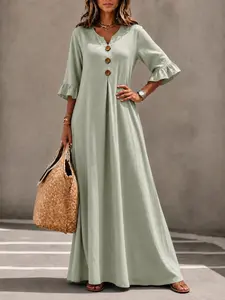 Women's Fall Winter New Solid Button V-Neck Long Dress, Elegant and Chic Midi Skirt, Comfortable Design for Daily Wear